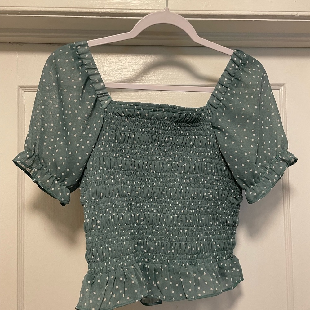 IN San Francisco off the shoulder scrunched polka dot blouse- Size Medium